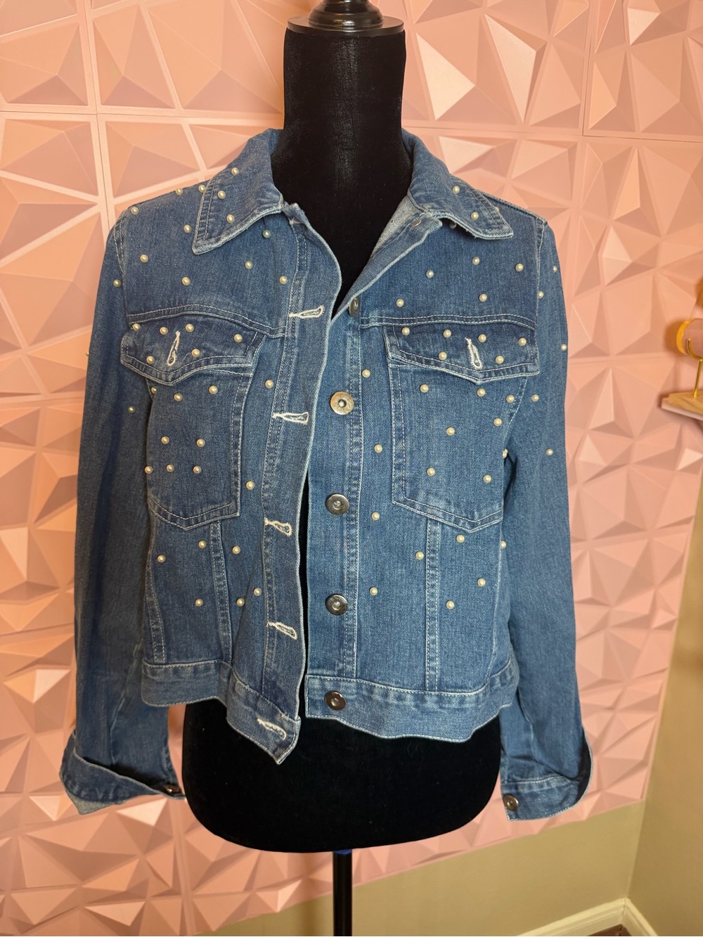 Rehab Blue Denim Jacket with Pearl Studs